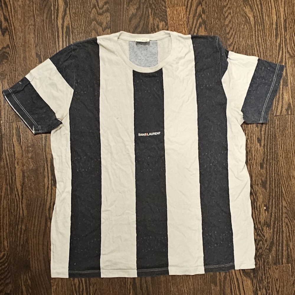 Used Saint Laurent White and Black Striped Rive Gauche Logo T-Shirt